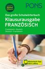 Text: PONS, Das große Schulwörterbuch Französisch. Logo oben, Hand schreibt mit Stift unten.