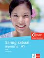 "Sanùg sabaai A1, Thai Arbeitsbuch." Eine lächelnde Frau mit einer Blume im Haar. Oben rechts ein rotes Infofeld und das Klett-Logo.