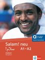 "Salam! neu A1-A2 Arabisch Übungsbuch" steht auf einer roten Fläche. Ein lachender Mann trägt weißes Tuch. Klett-Logo unten.
