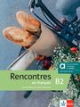 Text: "Rencontres en français B2". Einkäufe in Fahrradkorb, mit Baguettes, Blumen, Apfel. Klett Logo sichtbar.