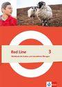 "Red Line 3, Workbook mit Audios und interaktiven Übungen." Junge, zwei Schafe auf Wiese, roter Hintergrund, Klett-Logo.