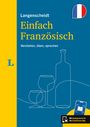 Langenscheidt Einfach Französisch. Verstehen, üben, sprechen. Blau-gelbes Design mit Gläsern, Flasche, App-Hinweis.