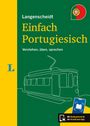 "Langenscheidt Einfach Portugiesisch: Verstehen, üben, sprechen." Illustration einer Straßenbahn auf grünem Hintergrund.