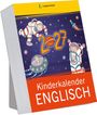 "2027" in einer Weltraumszene mit zwei Astronautenkindern, einem UFO und einem Raketenlogo. Text: "Kinderkalender ENGLISCH".