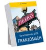 Text: "Sprachkalender 2028 FRANZÖSISCH", "Langenscheidt", "METRO". Ein markanter Metroschild vor historischem Gebäude.