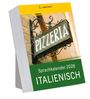Text: "Sprachkalender 2028 ITALIENISCH", "PIZZERIA". Ein gelbes und grünes Design mit einem Pizzeria-Schild im Hintergrund.