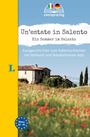 "Un’estate in Salento" - Ein Sommer im Salento. Gelbe Leiste links, italienische Landschaft mit Haus und Blumenfeld.