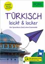 "Türkisch leicht & locker", ohne Grammatik. "Komplett bei null anfangen!" Oben Kuppel, Papierflieger, unten App-Symbol.