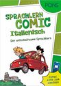 "Sprachlern Comic Italienisch", "Der unterhaltsame Sprachkurs". Comicstil: Zwei Personen in einem roten Auto nahe dem Kolosseum.