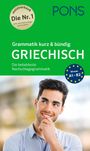 „Grammatik kurz & bündig Griechisch“. Niveau A1-B2 Abzeichen, lächelnder Mann im Hemd.