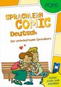 Text: "SPRACHLERN COMIC Deutsch. Der unterhaltsame Sprachkurs. COMIC AUCH ZUM ANHÖREN." Illustration: Ein Paar auf einer Bank.
