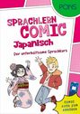 "SPrachlern Comic Japanisch" und "Der unterhaltsame Sprachkurs" auf pink. Zwei Figuren springen fröhlich.