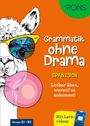 "Grammatik ohne Drama", Spanisch lernen, Niveau A1-B2. Illustration: Lama mit Sonnenbrille und Kaugummi.
