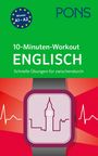 "Niveau A1-A2. 10-Minuten-Workout Englisch. Schnelle Übungen. Illustration: Smartwatch mit Londoner Skyline auf rotem Hintergrund."