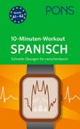 „Niveau A1-A2“, „PONS“, „10-Minuten-Workout Spanisch“, „Schnelle Übungen für zwischendurch“. Illustration: Uhr mit EKG-Linie.