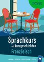 „Sprachkurs mit Kurzgeschichten Französisch“ steht unter einem Logo. Illustration von zwei Stühlen und einem Tisch mit Croissant.