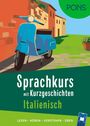 Text: "Sprachkurs mit Kurzgeschichten Italienisch." Illustration einer blauen Vespa an einer farbenfrohen Häuserzeile.
