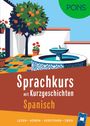 "Sprachkurs mit Kurzgeschichten Spanisch; PONS. Lesen - Hören - Verstehen - Üben." Illustration eines Innenhofs mit Orangenbaum.