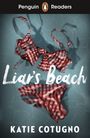 "Liar's Beach" oben, "Katie Cotugno" unten, kariertes Bikini-Set auf blauem Hintergrund, Penguin Readers Logo.