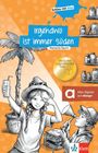 „Schlau mit blau“, „Irgendwo ist immer Süden“, „Marianne Kaurin“. Illustration: Mädchen mit Zöpfen, Trinkglas, Palme.