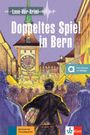 „Lese-Hör-Krimi: Doppeltes Spiel in Bern“. Illustration: Menschenmenge, Gebäude, bunte Wimpel, mann mit buntem Sack.