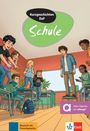 "Kurzgeschichten DaF – Schule" und "Alles Digitale auf allango!" Vorn Schüler in einem Klassenraum, einige auf den Tischen stehend.