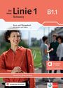 „Die neue Linie 1 Schweiz B1.1“, Kurs- und Übungsbuch. Eine lächelnde Frau im roten Hemd im Vordergrund.
