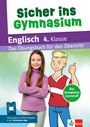 "Sicher ins Gymnasium", "Englisch 4. Klasse". Mädchen posiert mit einem gezeichneten Jungen, der Daumen hoch zeigt.