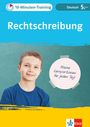 Text: "10-Minuten-Training", "Deutsch 5. Klasse", "Rechtschreibung", "Kleine Lernportionen für jeden Tag!" Junge in blauem Shirt.