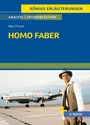 "Königs Erläuterungen: Homo Faber von Max Frisch. Ein Mann in Anzug und Hut steht vor einem Flugzeug. E-Book-Titel."