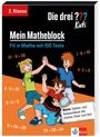Text: "2. Klasse, Die drei ??? Kids, Mein Matheblock, Fit in Mathe mit 100 Tests". Drei fröhliche Kinder geben sich High-Fives.