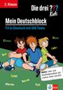 "2. Klasse. Die drei ??? Kids. Mein Deutschblock. Fit in Deutsch mit 100 Tests. Clown, Vase, See, Zahn, Spiel, Tanne, Klavier, Fuß."  
Drei fröhliche Jungen sitzen auf einem grünen Boden.