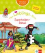 „Vorschule ab 5 Jahren. Mein Lieblings-Block: Superhelden-Rätsel. Das kannst du alleine!“ Illustration mit Superhelden.