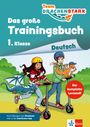 "Das große Trainingsbuch 1. Klasse Deutsch." Zwei Kinder mit Helmen fahren Roller mit Drachen in einer grünen Landschaft.
