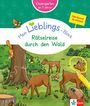 Ein Kinderbuch-Cover für den Kindergarten ab 3 Jahren. Titel: "Mein Lieblings-Block: Rätselreise durch den Wald". Ein Eichhörnchen klettert, während Hirsche und Natur abgebildet sind. Ein Bleistift zeigt auf einen Hirsch.