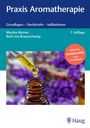 „Praxis Aromatherapie“ Buchcover, blauer Hintergrund, Tropfpipette über Flasche, lila Blumen im Hintergrund, „Haug“ Logo.