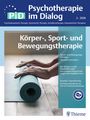 „Körper-, Sport- und Bewegungstherapie“. Oben: „Psychotherapie im Dialog“. Hände rollen eine Yogamatte aus.
