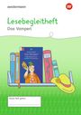 Text: "Lesebegleitheft, Das Vamperl, Dieses Heft gehört:". Illustration: Bücherregal mit bunten Büchern, Hut, Vamperl-Cover.