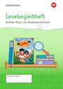 Lesebegleitheft: Koffer-Klau im Klassenzimmer. Illustration: Bücherregal mit Büchern und Lupe. Feld: "Dieses Heft gehört:".