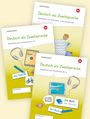 **Deutsch als Zweitsprache** - drei Arbeitshefte für Deutschlernen. Gelb-grüner Hintergrund mit Illustrationen von Tablets und Sprachelementen.