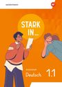 "Stark in... Arbeitsheft Deutsch 1.1." Illustration: Zwei Personen, eine liest ein Blatt, die andere hört zu. Orange Hintergrund.