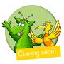 „Coming soon!“ steht auf einem gelben Banner. Ein grünes Monster und ein gelber Vogel lächeln freundlich.