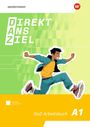 Text: "DIREKT ANS ZIEL", "DaZ-Arbeitsbuch A1". Illustration: Junge, der freudig springt vor grünem, geometrischem Hintergrund.