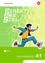 „Direkt ans Ziel, DaZ-Vokabelheft A1.“ Grüne Illustration mit fröhlicher Person im Sprung.
