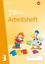 Text oben: "Denken und Rechnen Arbeitsheft", unten: "Hier denkt und rechnet:". Illustration: Tierfiguren mit bunten T-Shirts.