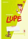 "Passwort Lupe" in großen Buchstaben, darunter "Dieses Heft gehört:" und "Spracharbeitsheft 3 A". Illustration: Junge winkt.