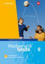 "Mathematik heute 9", Gleichung: y = x² + px + q, zwei lachende Mädchen spielen Ball, blauer Himmel.