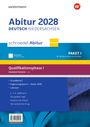 Text: "Abitur 2028 DEUTSCH NIEDERSACHSEN, Qualifikationsphase I RAHMENTHEMEN 1-4, Grundband I, Lektüren".  
Design: Modern, mit blauen und gelben Akzenten.