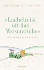 "Lächeln ist oft das Wesentliche", Zitate von Antoine de Saint-Exupéry. Illustration: Kleiner Prinz auf einer Blumenwiese.