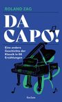 DA CAPO! Eine andere Geschichte der Klassik in 66 Erzählungen. Illustration eines Klaviers auf blauem Hintergrund.